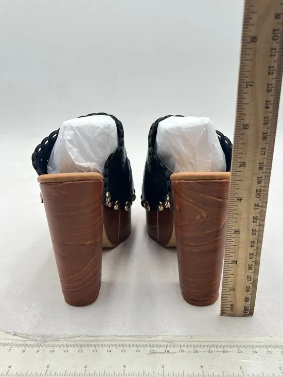 FOWT Blue Studded Round Toe Floral Cut Out Platform Mules Chunky Heel Sandals - Picture 5 of 8